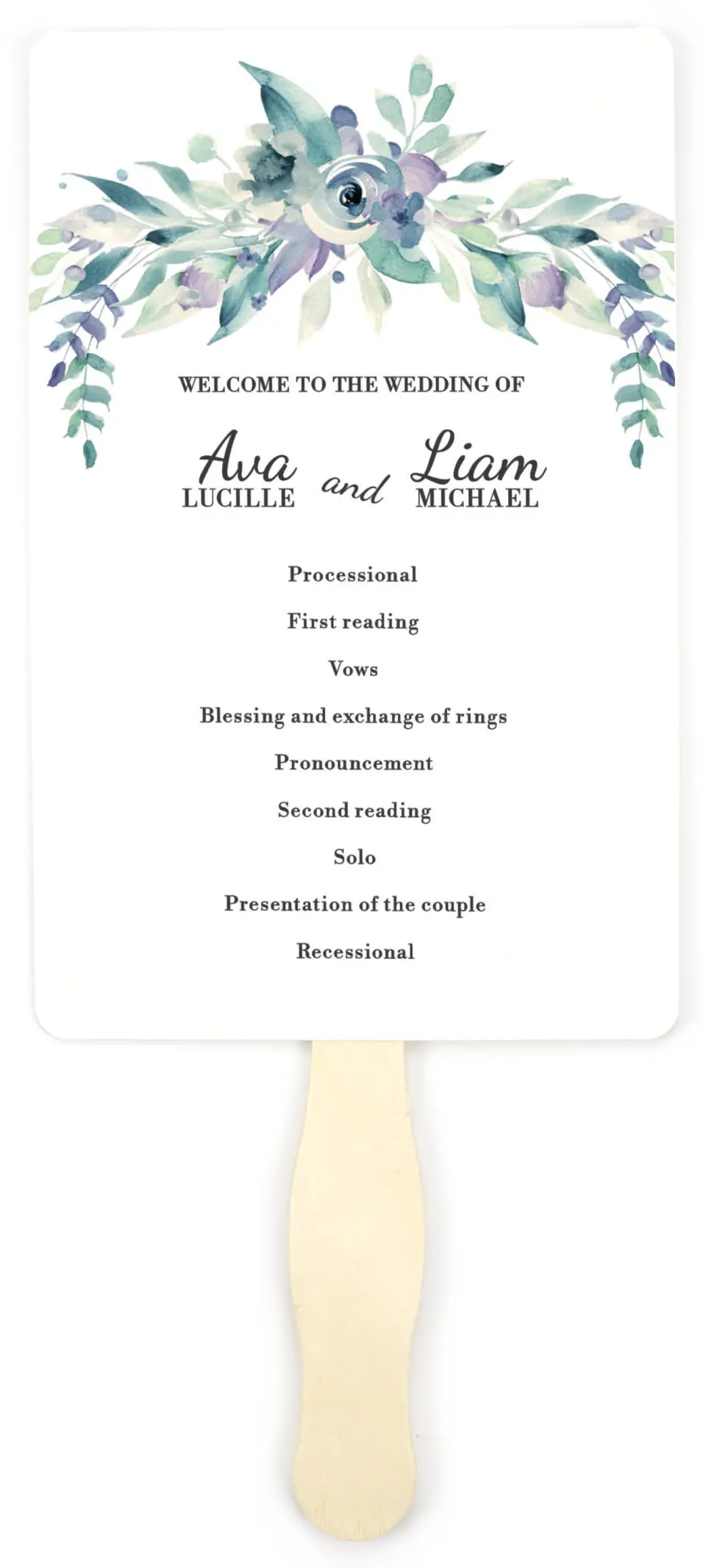 This is a 5" x 7⅞" Wedding Program Fan called Glorious Crown printed in full color on Premium Smooth paper