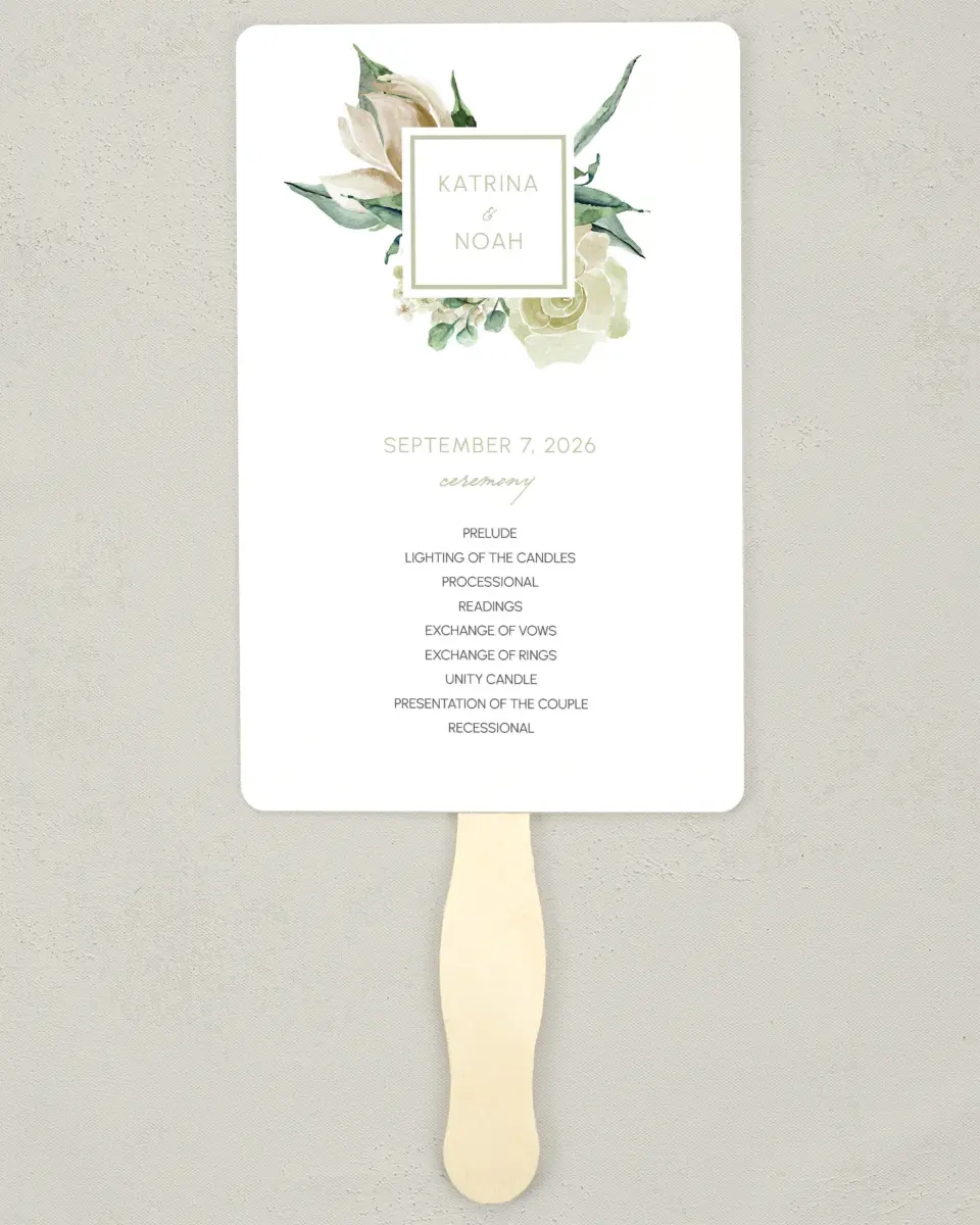 This is a 5" x 7⅞" Wedding Program Fan called Divine Romance printed in full color on Premium Smooth paper