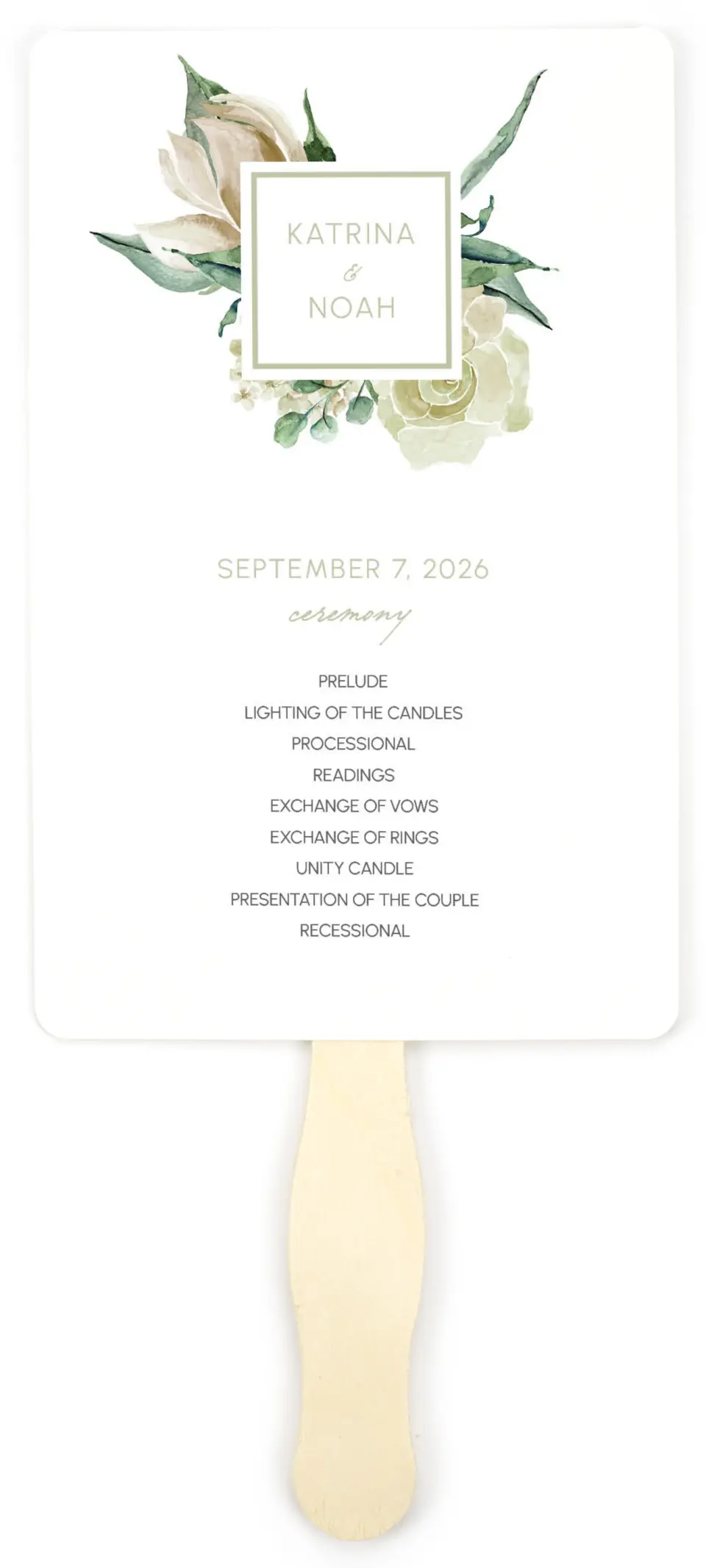 This is a 5" x 7⅞" Wedding Program Fan called Divine Romance printed in full color on Premium Smooth paper