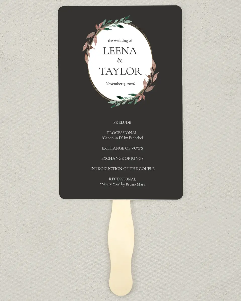 This is a 5" x 7⅞" Wedding Program Fan called Eternal Autumn printed in full color on Premium Smooth paper