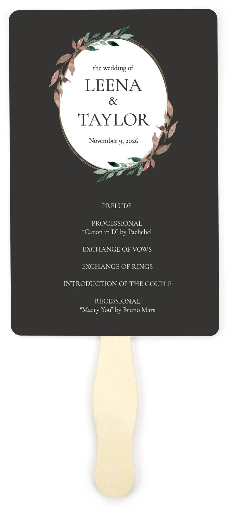 This is a 5" x 7⅞" Wedding Program Fan called Eternal Autumn printed in full color on Premium Smooth paper
