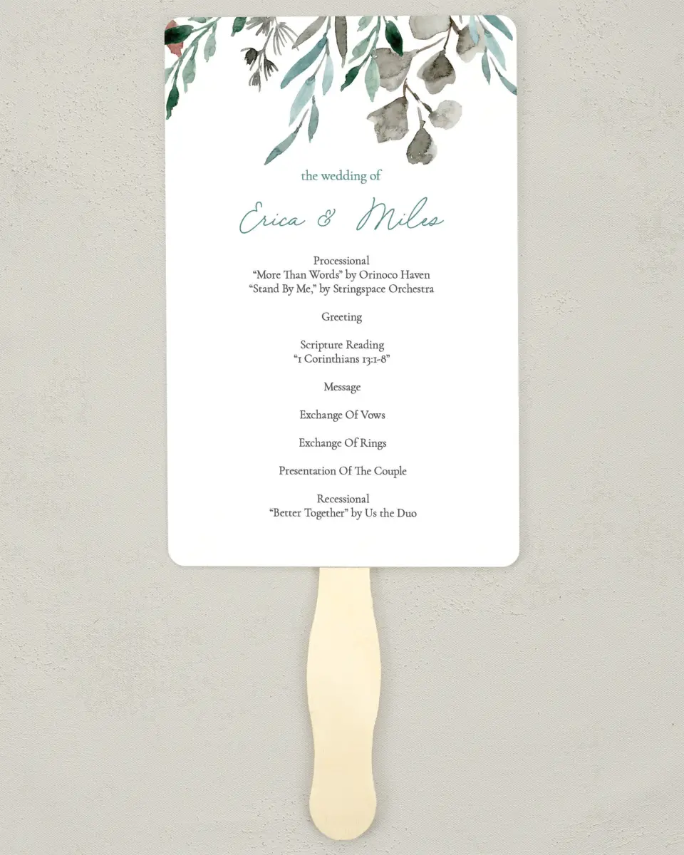 This is a 5" x 7⅞" Wedding Program Fan called Blissfully Fall printed in full color on Premium Smooth paper