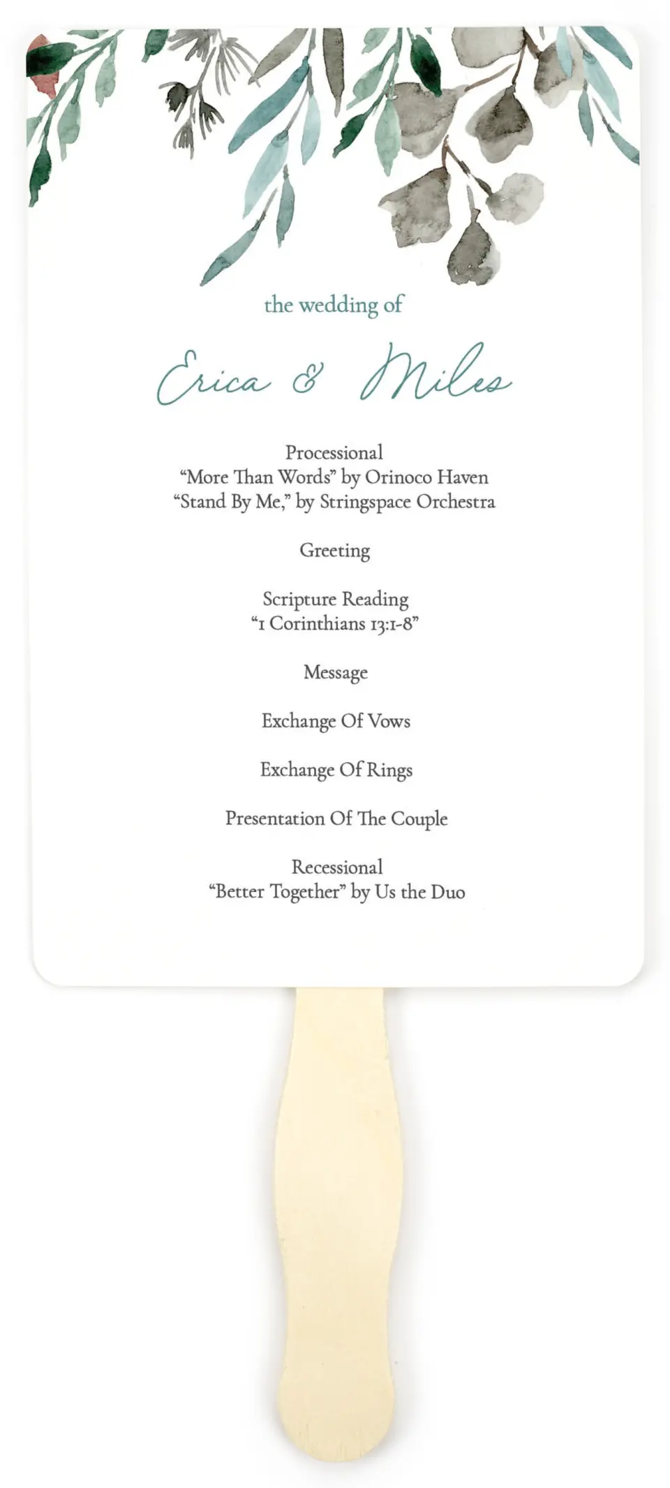 This is a 5" x 7⅞" Wedding Program Fan called Blissfully Fall printed in full color on Premium Smooth paper