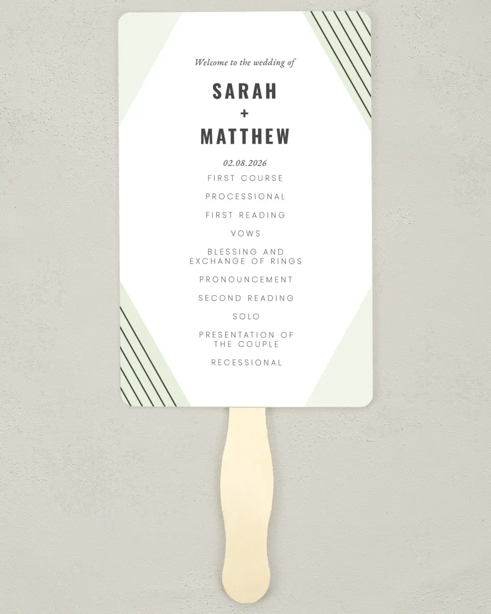 This is a 5" x 7⅞" Wedding Program Fan called Geometric Weave printed in full color on Premium Smooth paper