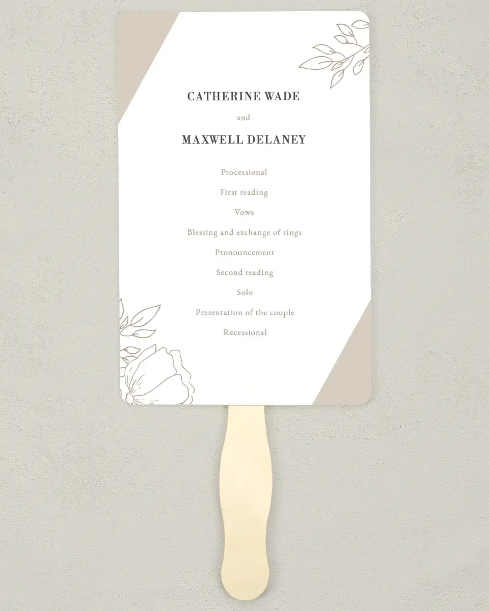 This is a 5" x 7⅞" Wedding Program Fan called Delicate Splendor printed in full color on Premium Smooth paper