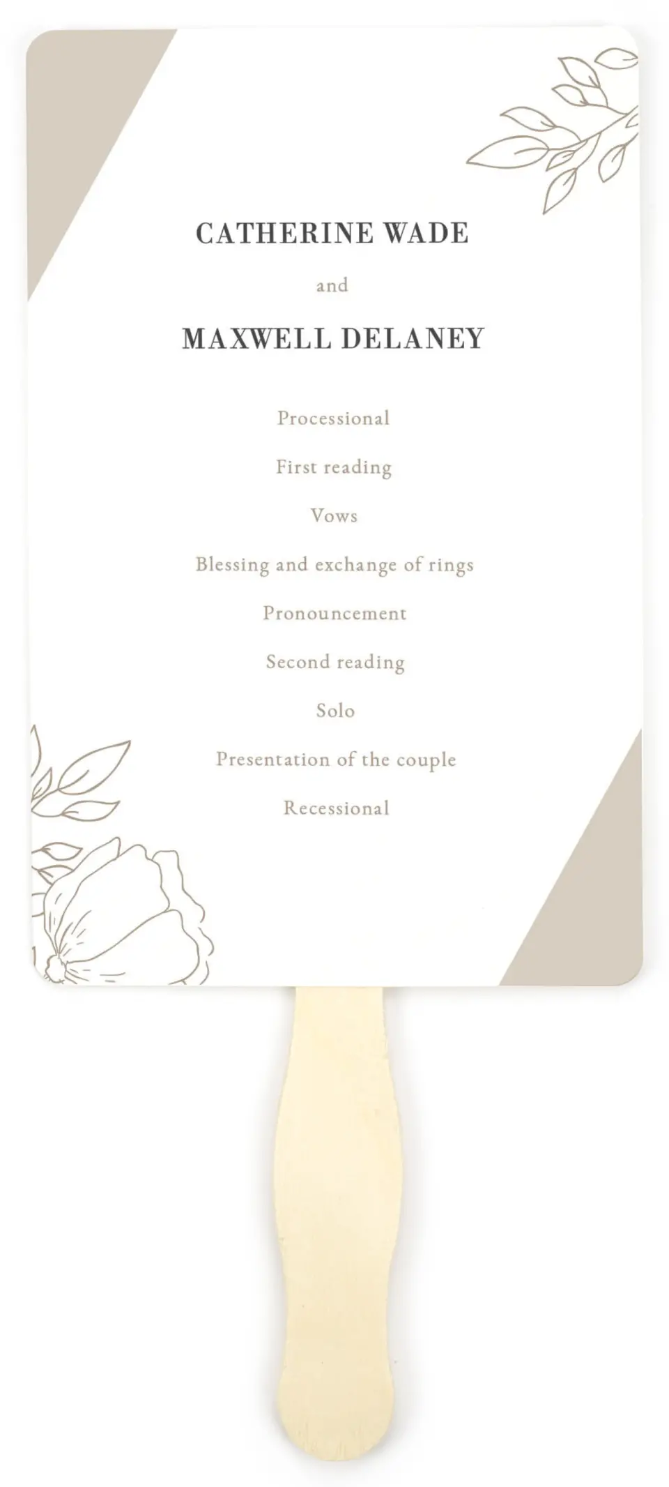 This is a 5" x 7⅞" Wedding Program Fan called Delicate Splendor printed in full color on Premium Smooth paper