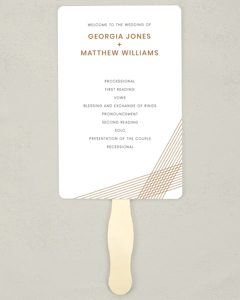 This is a 5" x 7⅞" Wedding Program Fan called Dashing Strands printed in full color on Premium Smooth paper