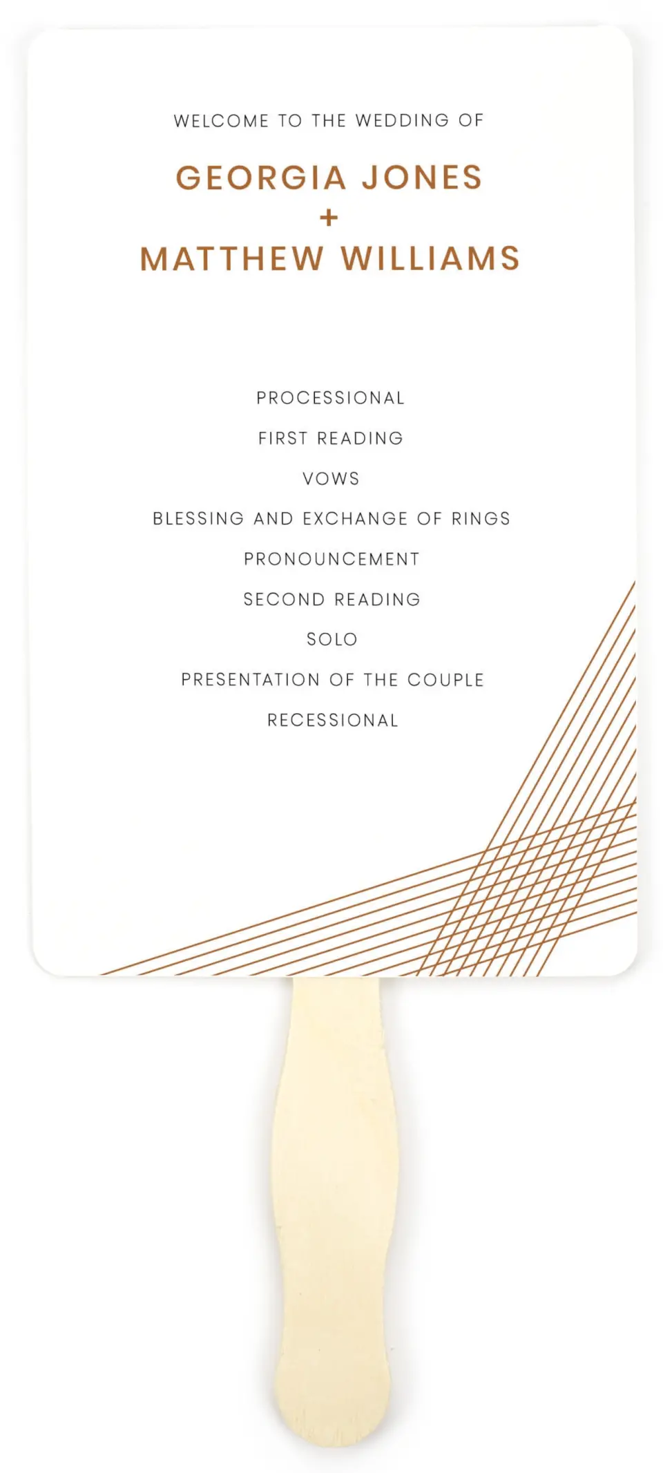 This is a 5" x 7⅞" Wedding Program Fan called Dashing Strands printed in full color on Premium Smooth paper