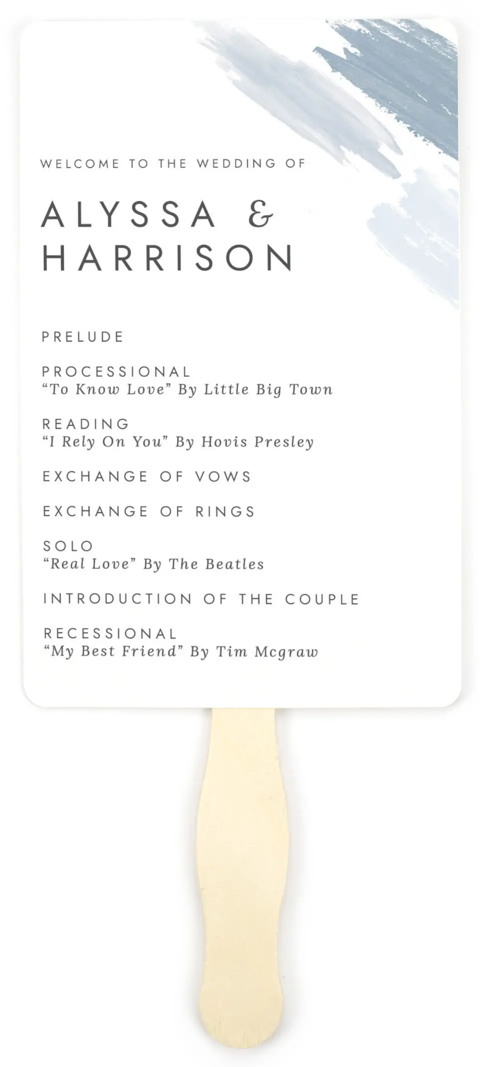This is a 5" x 7⅞" Wedding Program Fan called Ethereal Swaths printed in full color on Premium Smooth paper