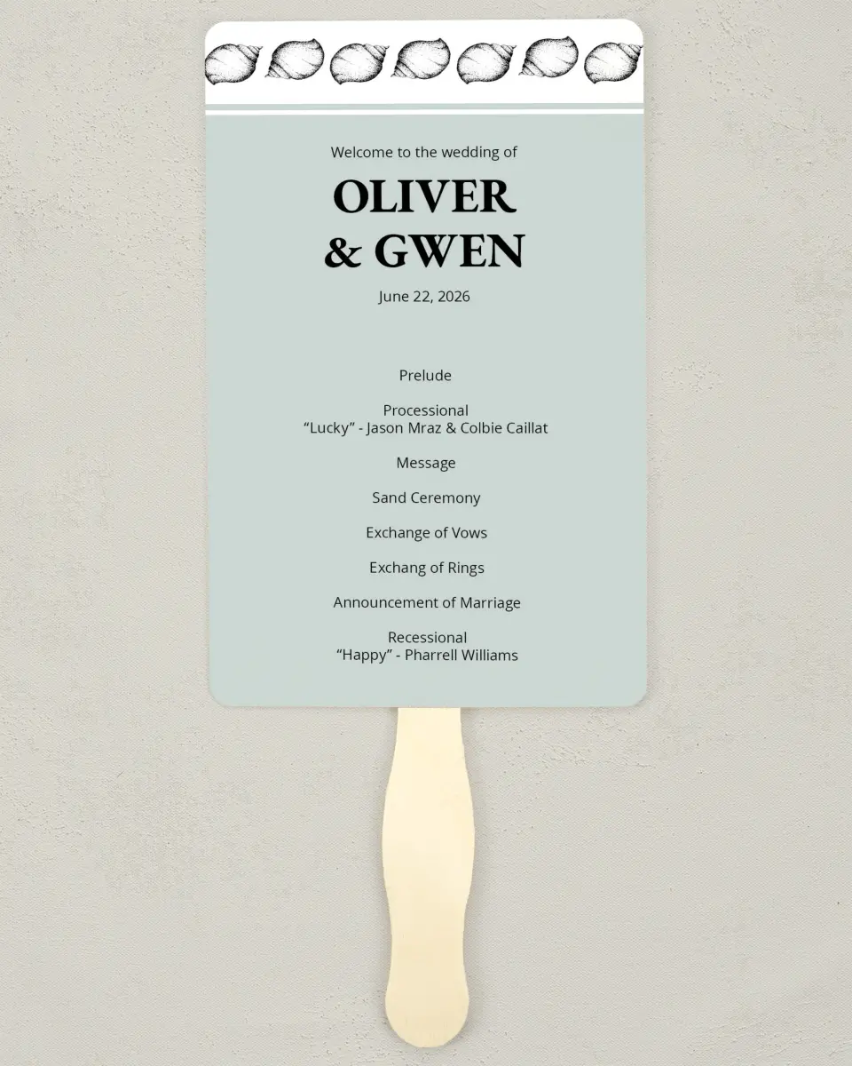 This is a 5" x 7⅞" Wedding Program Fan called Maritime Bliss printed in full color on Premium Smooth paper