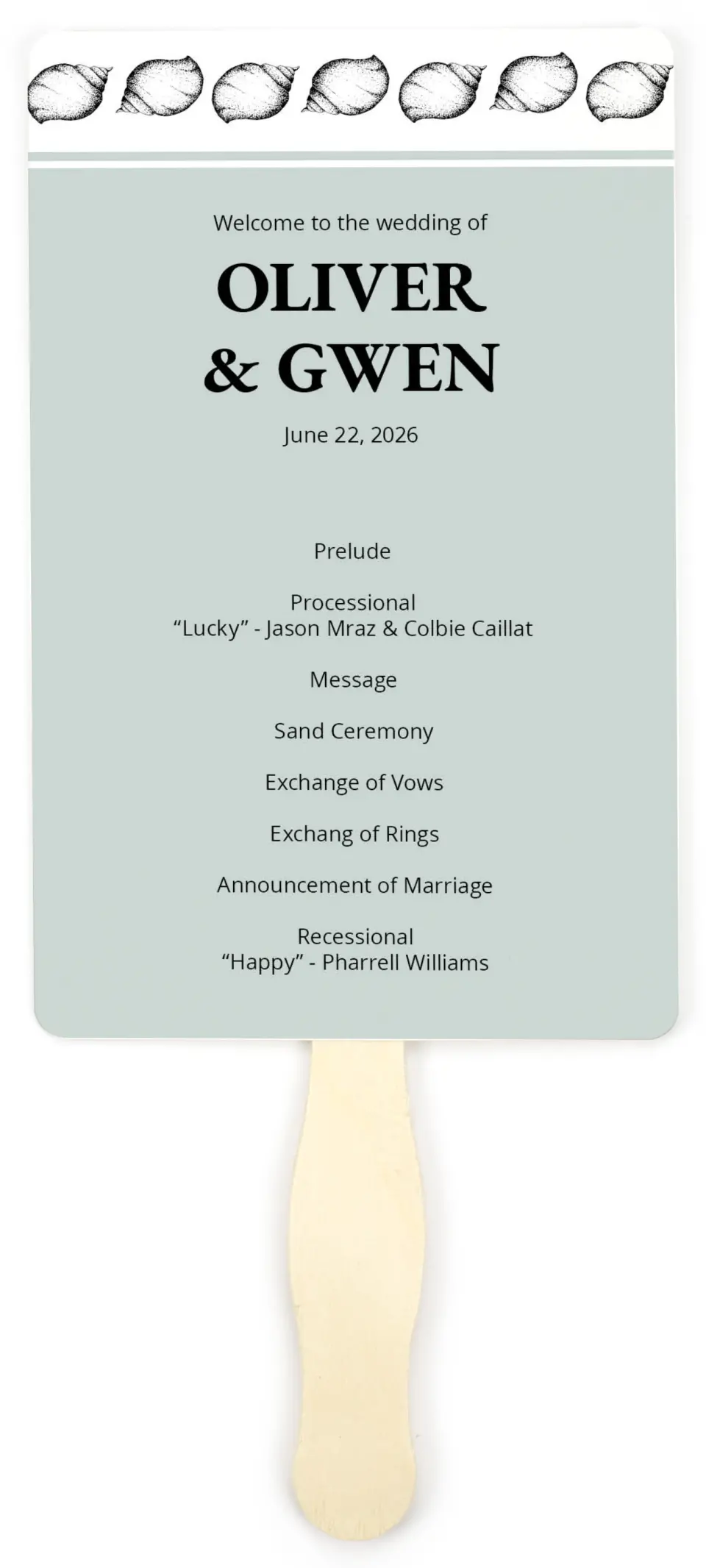 This is a 5" x 7⅞" Wedding Program Fan called Maritime Bliss printed in full color on Premium Smooth paper