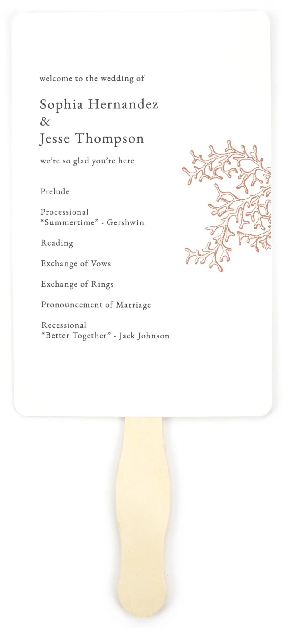 This is a 5" x 7⅞" Wedding Program Fan called Tropical Heaven printed in full color on Premium Smooth paper