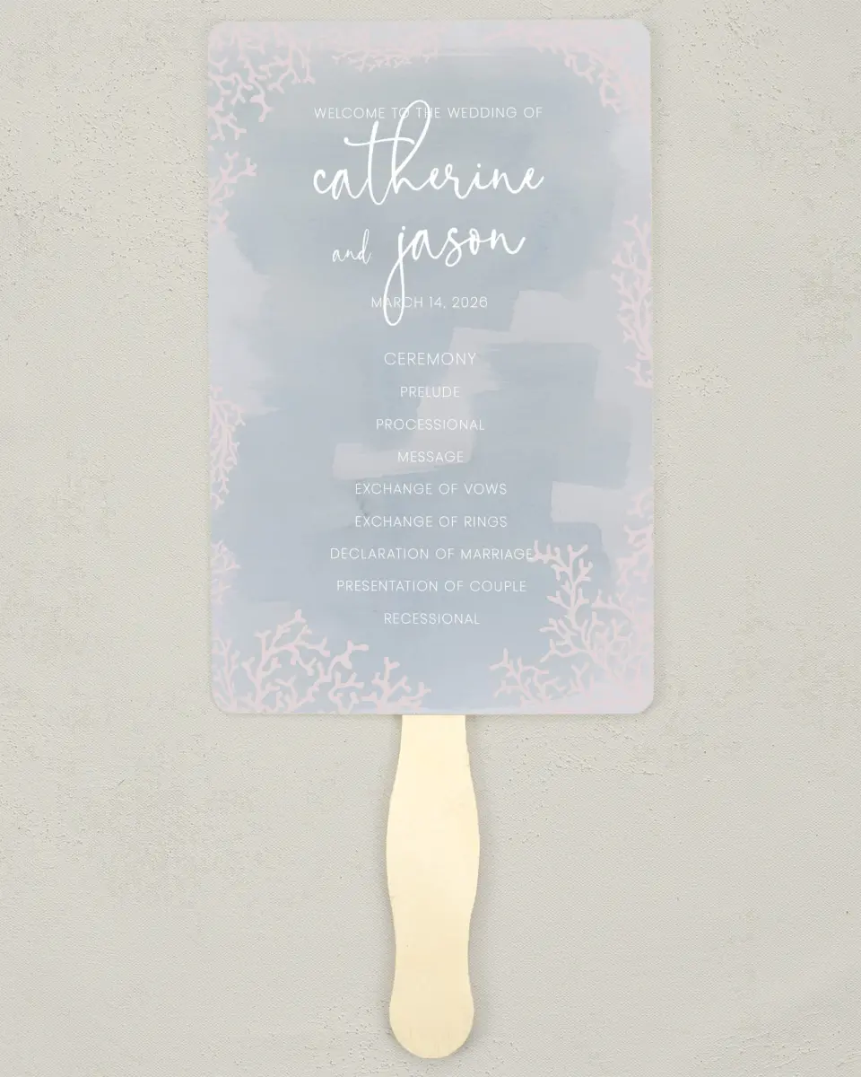 This is a 5" x 7⅞" Wedding Program Fan called Enchanting Sea printed in full color on Premium Smooth paper