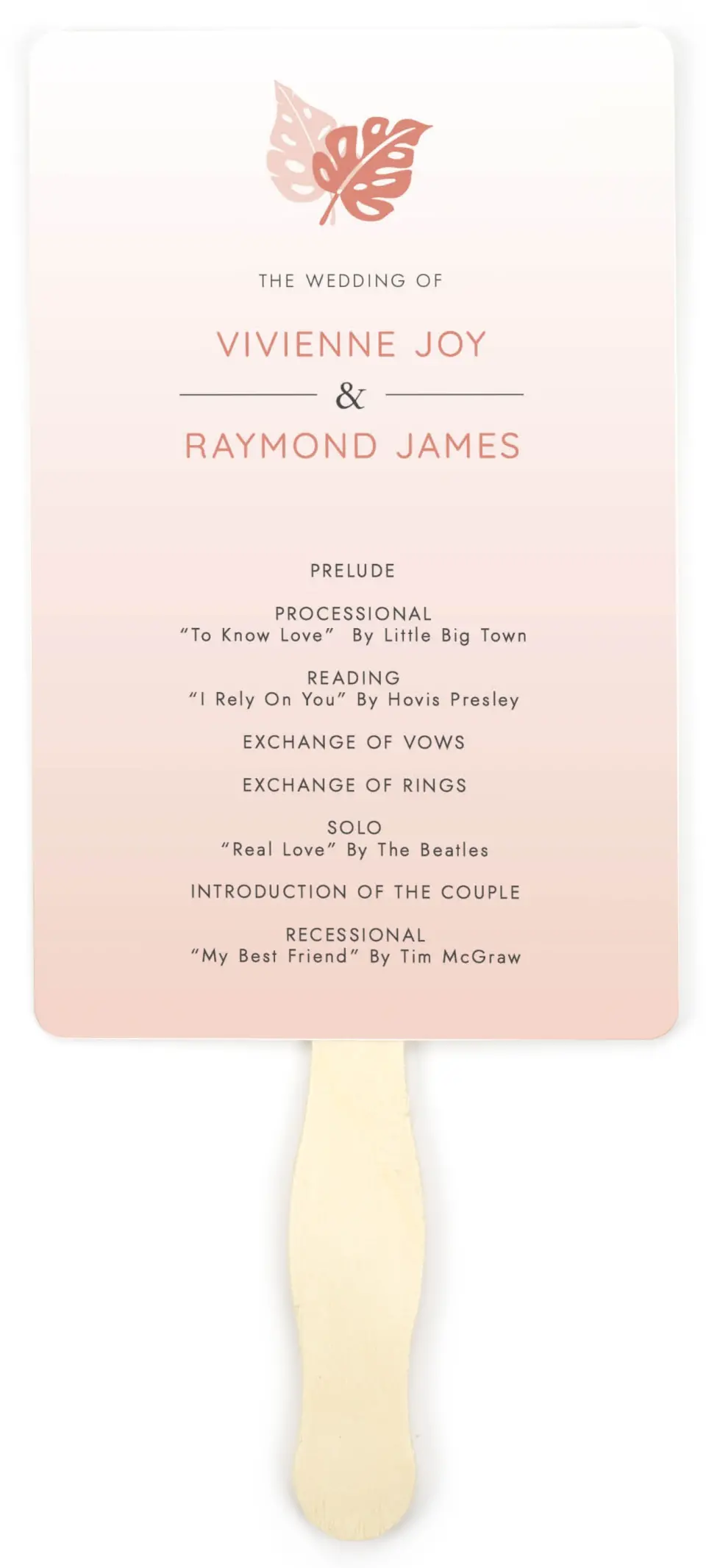 This is a 5" x 7⅞" Wedding Program Fan called Tropical Palms printed in full color on Premium Smooth paper