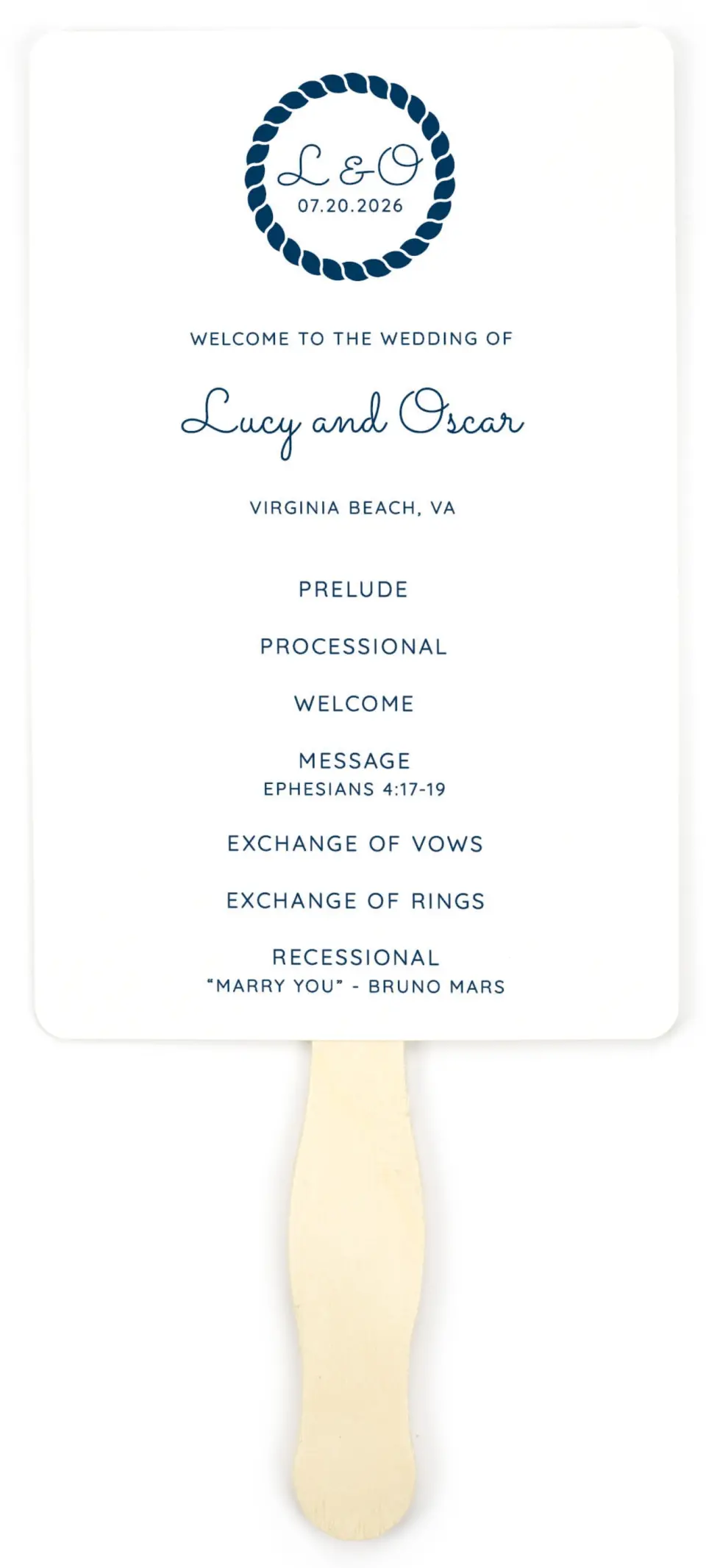 This is a 5" x 7⅞" Wedding Program Fan called Nautical Stripes printed in full color on Premium Smooth paper