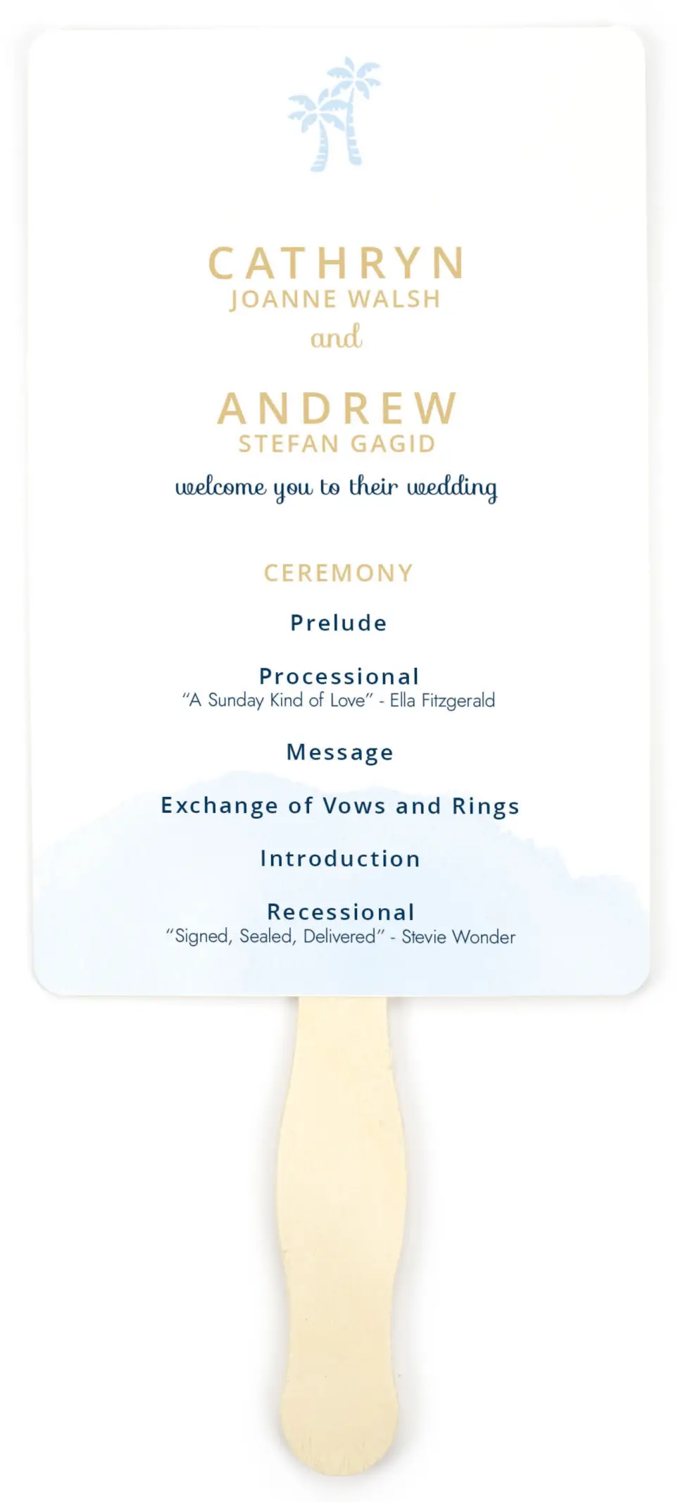 This is a 5" x 7⅞" Wedding Program Fan called Stamped Palms printed in full color on Premium Smooth paper