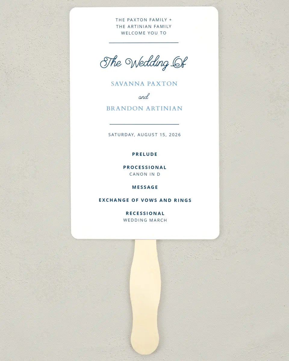 This is a 5" x 7⅞" Wedding Program Fan called Beachcomber printed in full color on Premium Smooth paper
