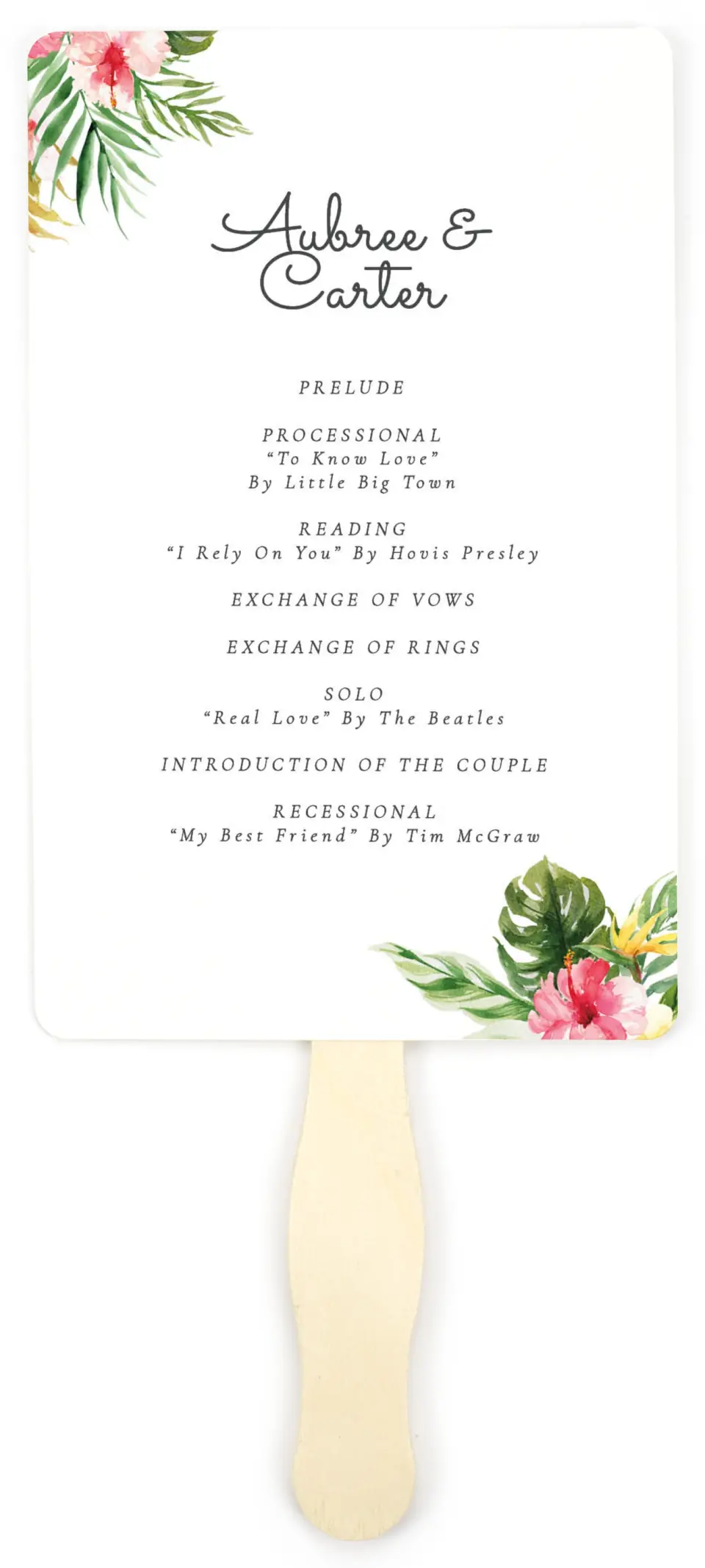 This is a 5" x 7⅞" Wedding Program Fan called Paradise of Love printed in full color with Gold foil on Luxe Satin (coated) paper