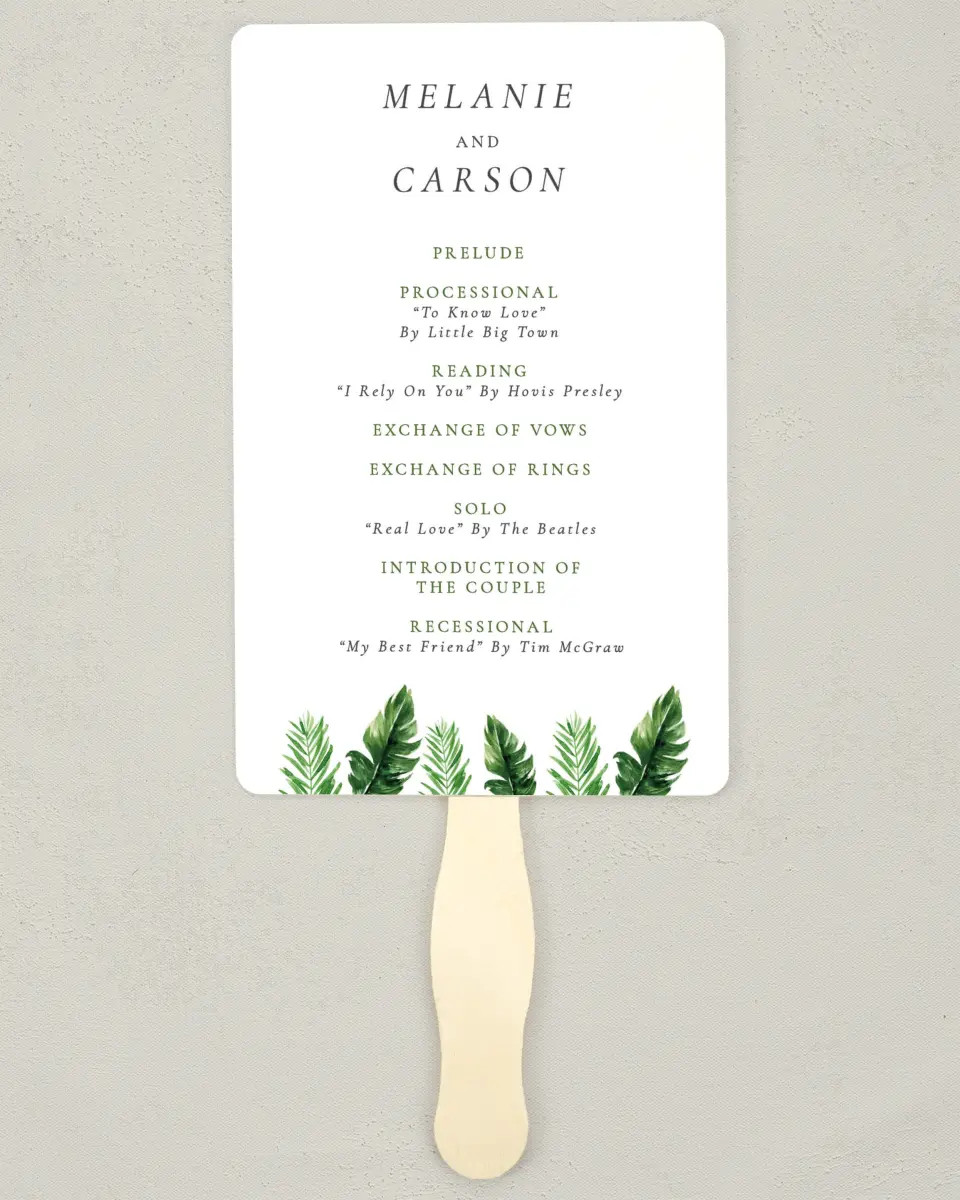 This is a 5" x 7⅞" Wedding Program Fan called Beach Palms printed in full color on Premium Smooth paper