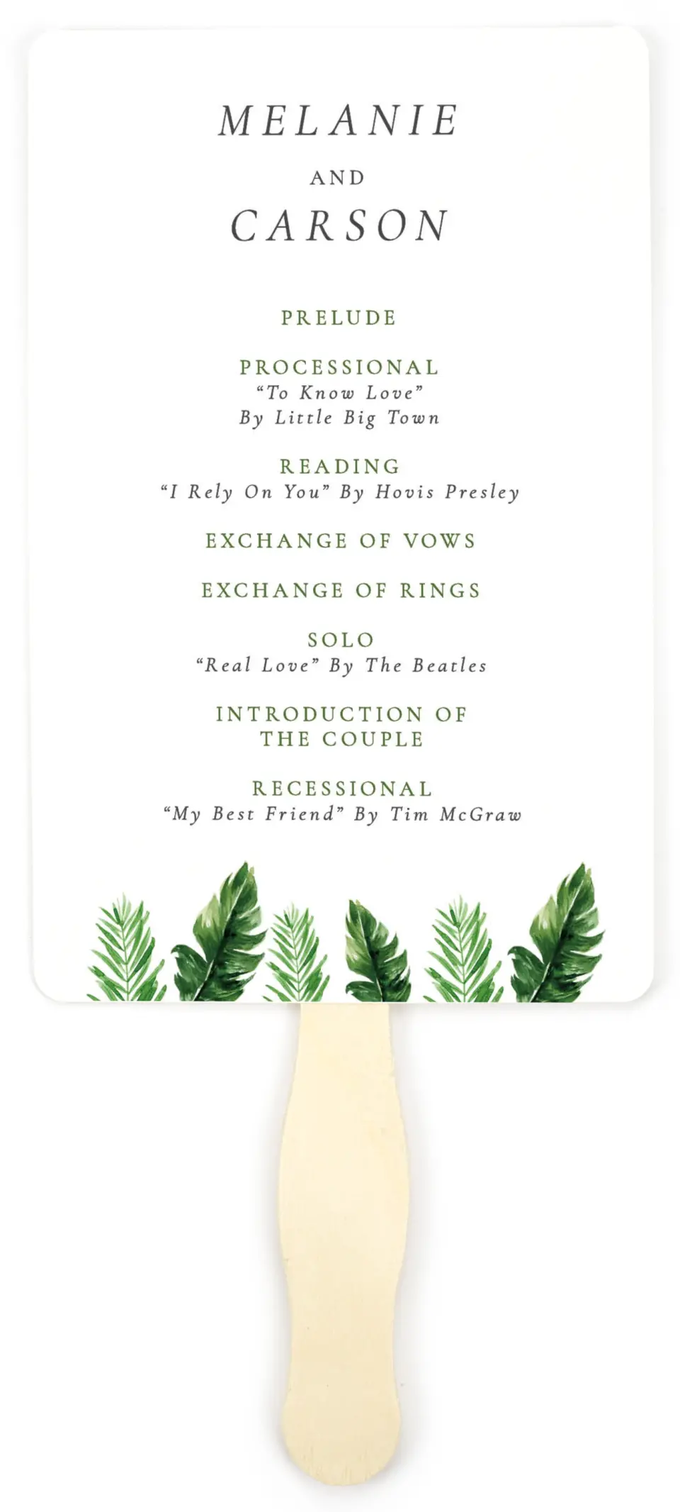 This is a 5" x 7⅞" Wedding Program Fan called Beach Palms printed in full color on Premium Smooth paper