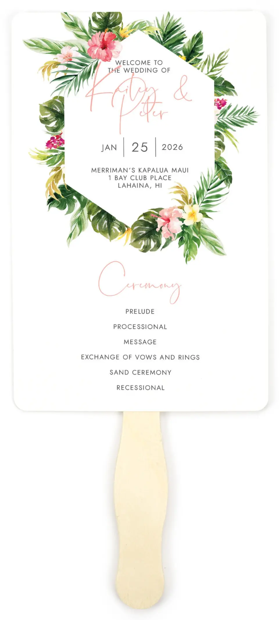 This is a 5" x 7⅞" Wedding Program Fan called Perfect Paradise printed in full color on Premium Smooth paper
