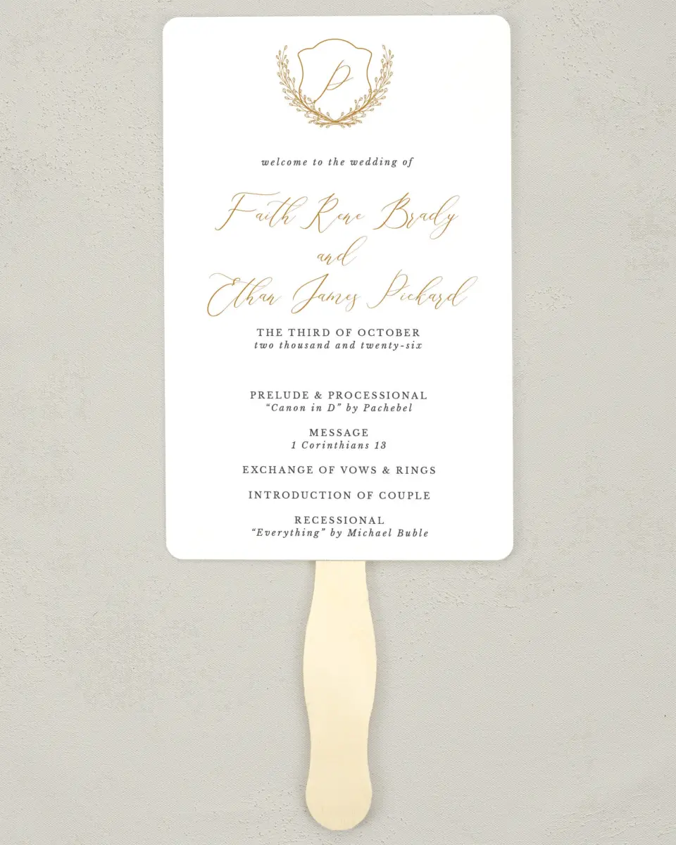 This is a 5" x 7⅞" Wedding Program Fan called Beloved Crest printed in full color on Premium Smooth paper