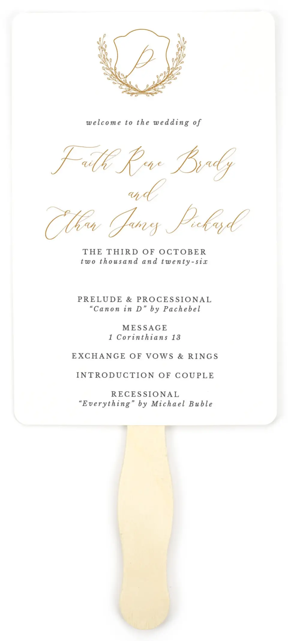 This is a 5" x 7⅞" Wedding Program Fan called Beloved Crest printed in full color on Premium Smooth paper