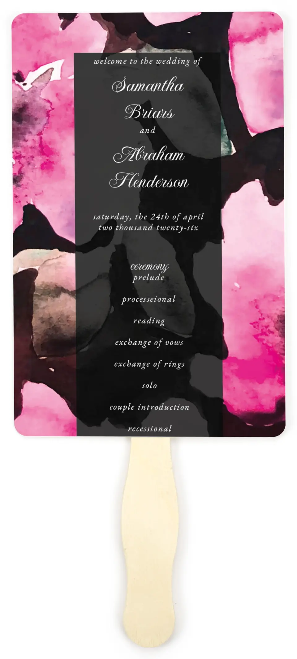 This is a 5" x 7⅞" Wedding Program Fan called Dark Blooms printed in full color on Premium Smooth paper