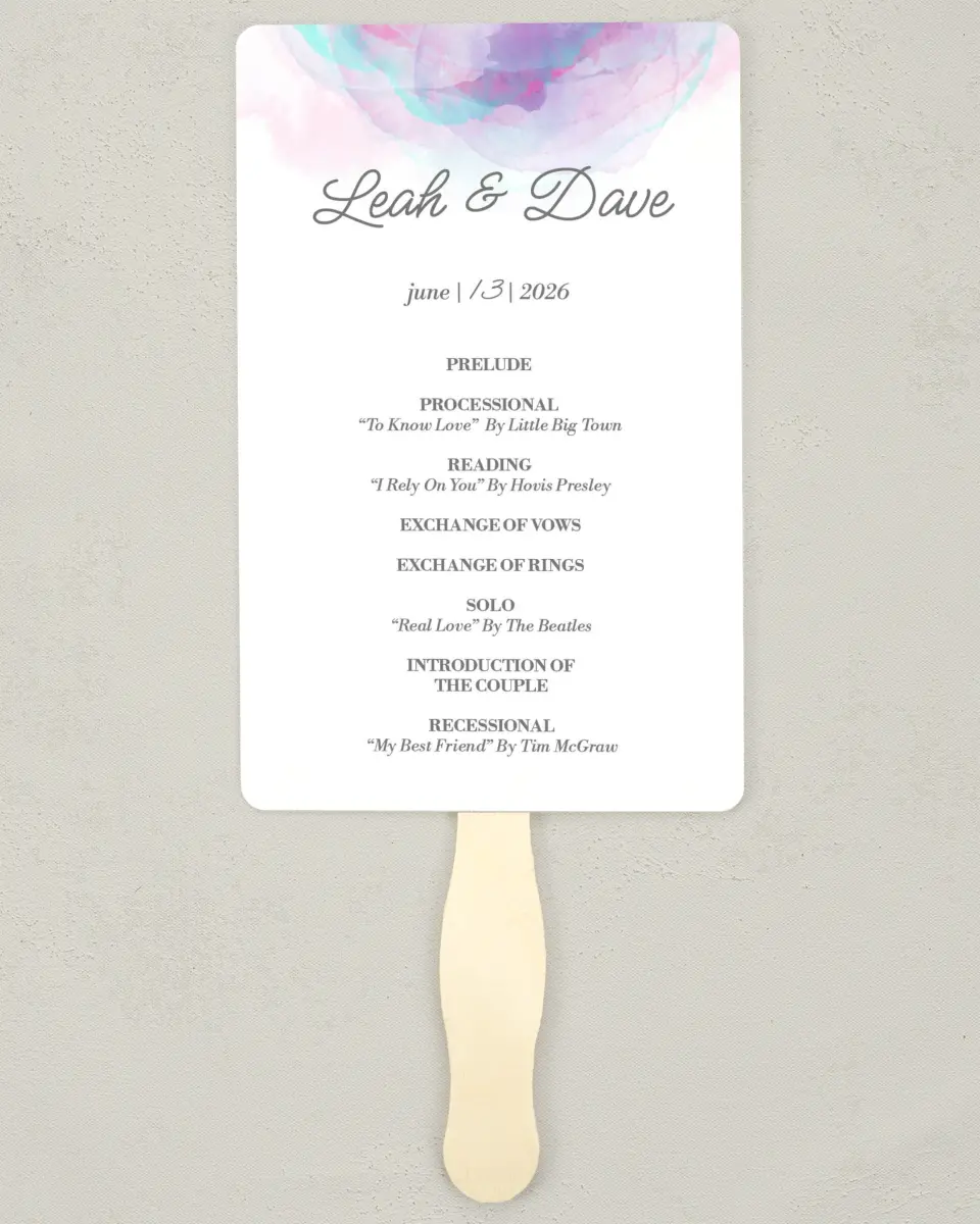 This is a 5" x 7⅞" Wedding Program Fan called Joyful Enchantment printed in full color on Premium Smooth paper