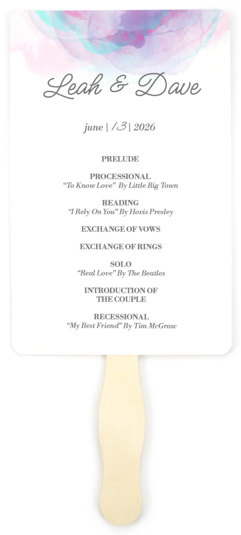 This is a 5" x 7⅞" Wedding Program Fan called Joyful Enchantment printed in full color on Premium Smooth paper