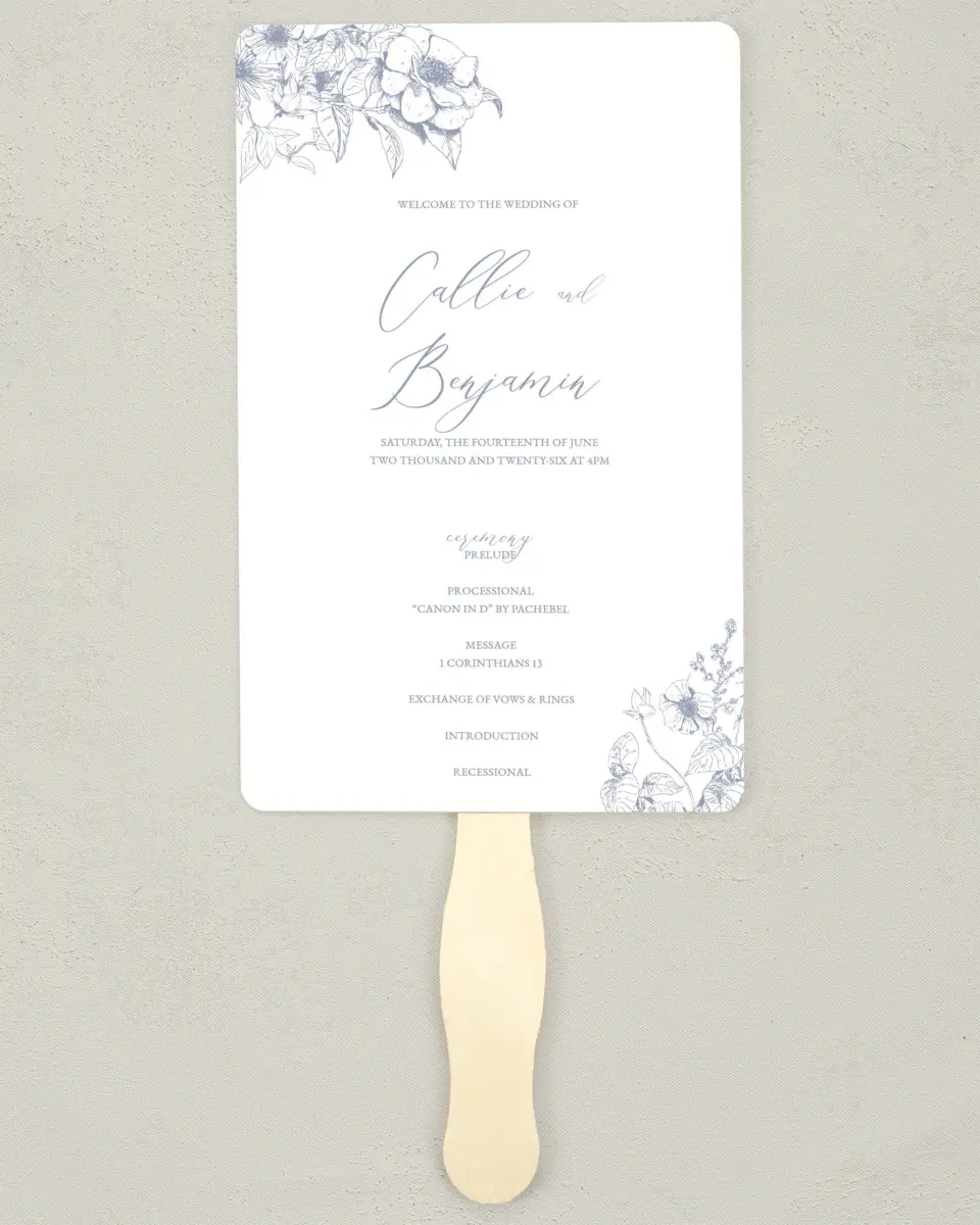 This is a 5" x 7⅞" Wedding Program Fan called Gentle Bouquet printed in full color on Premium Smooth paper