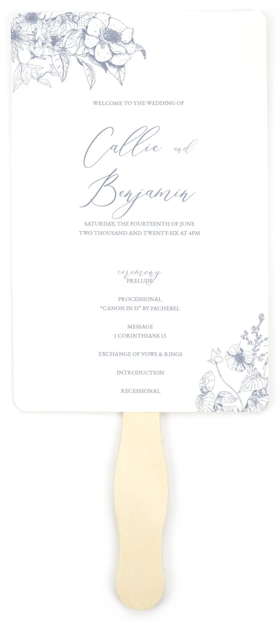 This is a 5" x 7⅞" Wedding Program Fan called Gentle Bouquet printed in full color on Premium Smooth paper