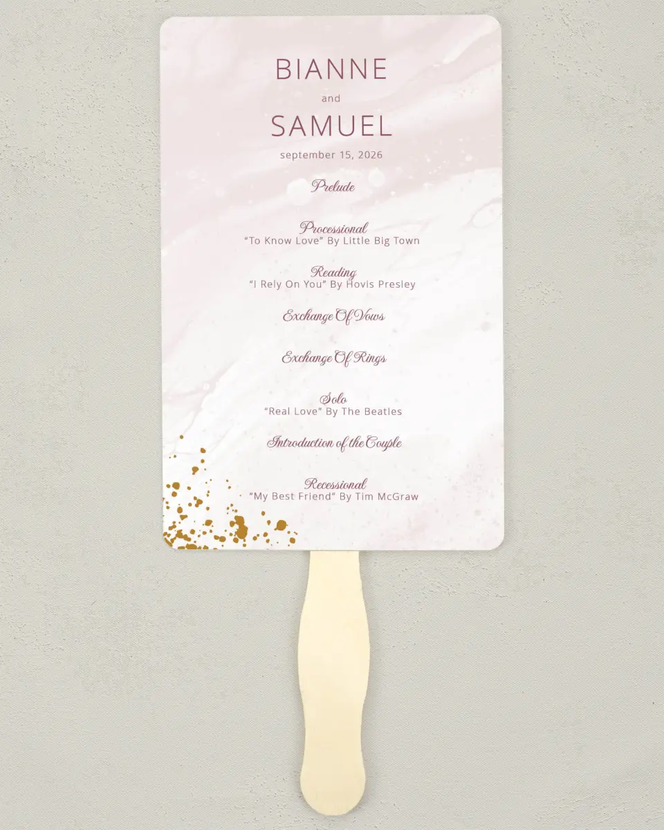 This is a 5" x 7⅞" Wedding Program Fan called Tender Mist printed in full color on Premium Smooth paper