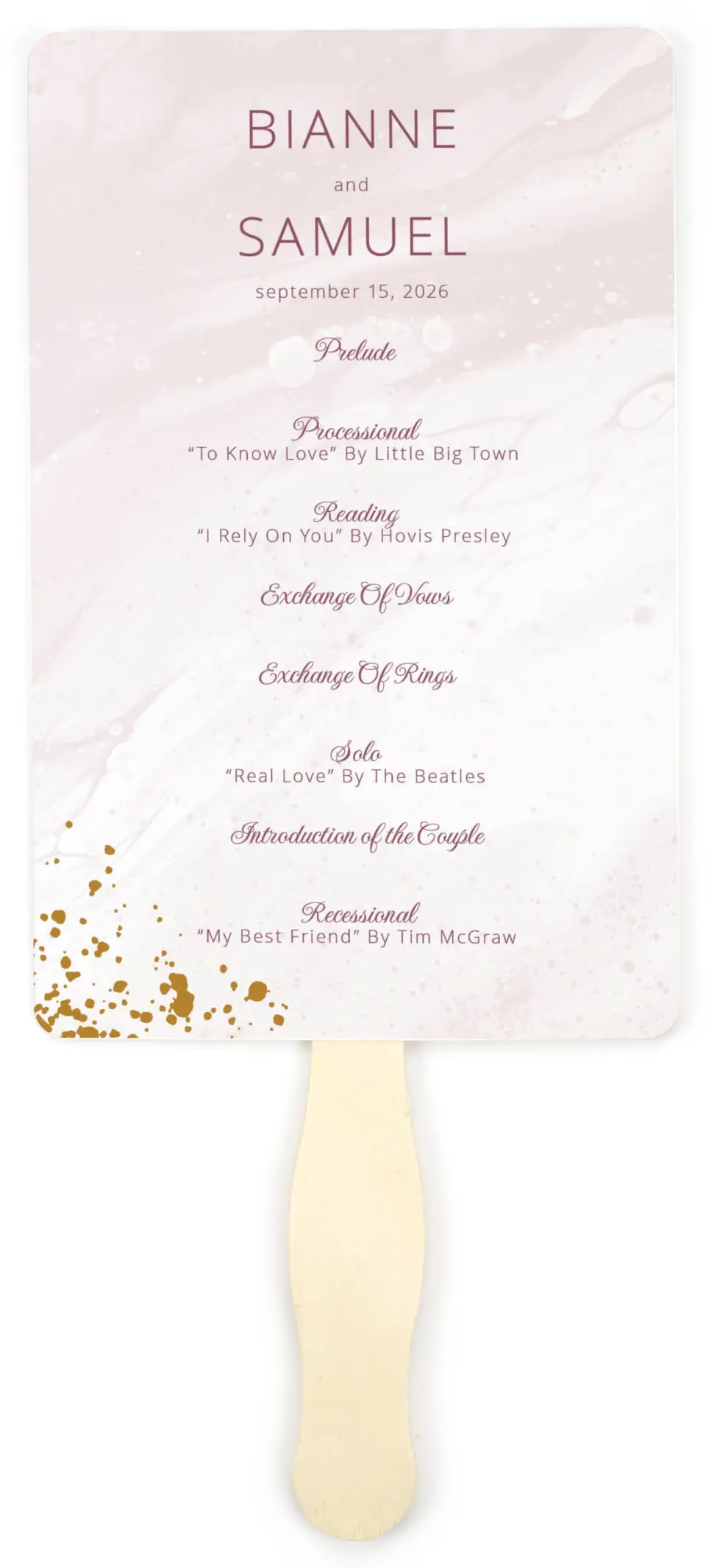 This is a 5" x 7⅞" Wedding Program Fan called Tender Mist printed in full color on Premium Smooth paper
