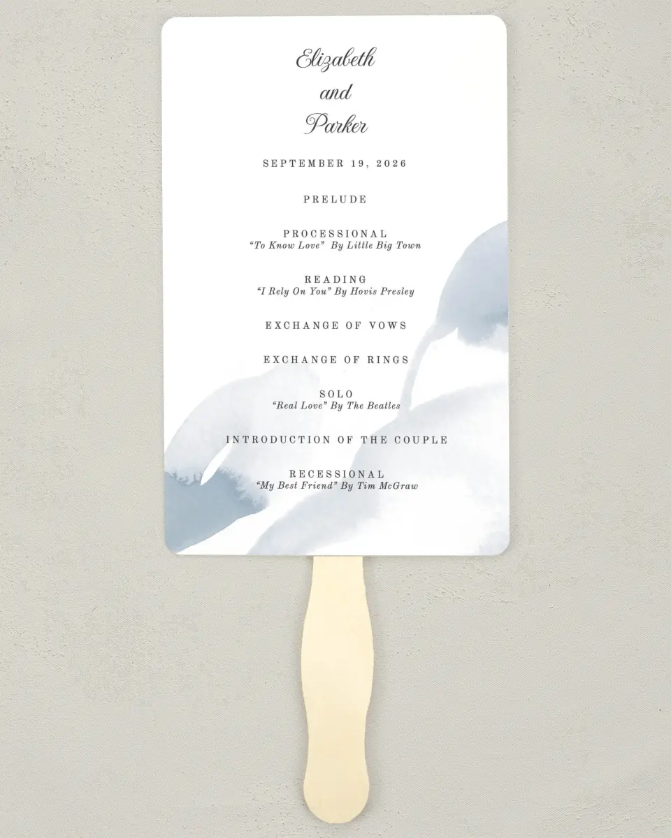 This is a 5" x 7⅞" Wedding Program Fan called Painted Majesty printed in full color on Premium Smooth paper
