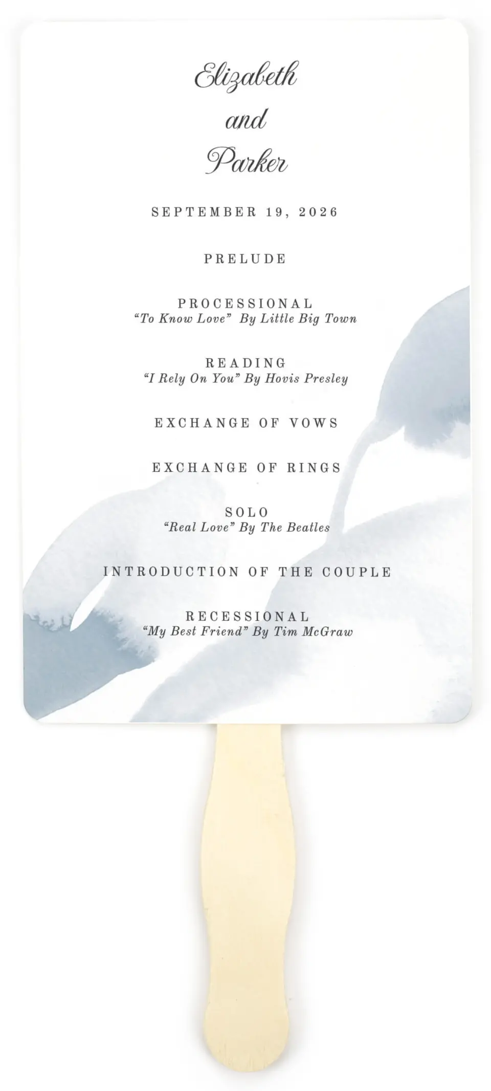 This is a 5" x 7⅞" Wedding Program Fan called Painted Majesty printed in full color on Premium Smooth paper