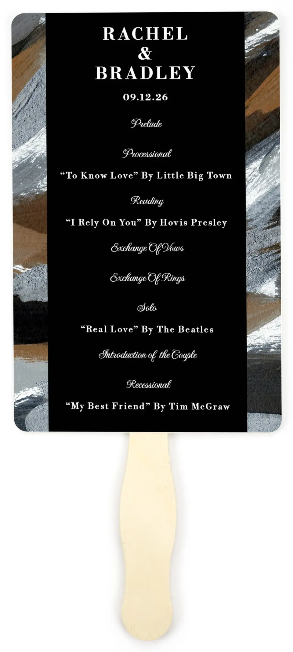 This is a 5" x 7⅞" Wedding Program Fan called Moody Swashes printed in full color on Premium Smooth paper