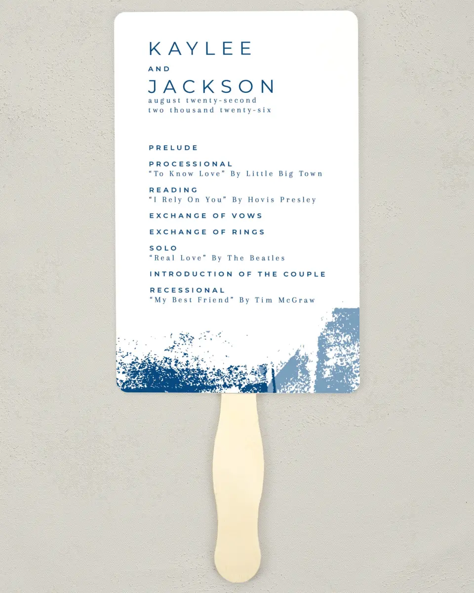 This is a 5" x 7⅞" Wedding Program Fan called Set in Stone printed in full color on Premium Smooth paper