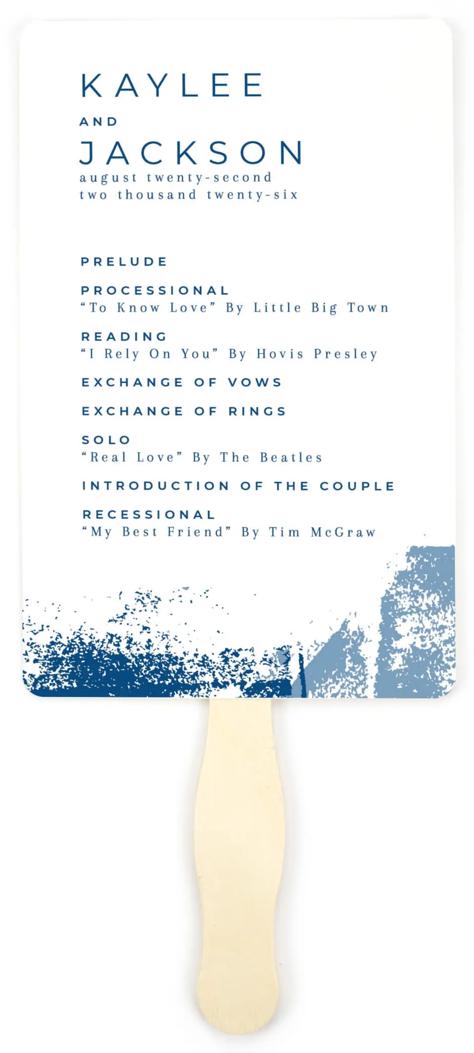 This is a 5" x 7⅞" Wedding Program Fan called Set in Stone printed in full color on Premium Smooth paper