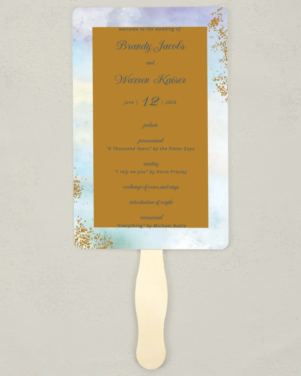 This is a 5" x 7⅞" Wedding Program Fan called Dreamy Sky printed in full color on Premium Smooth paper