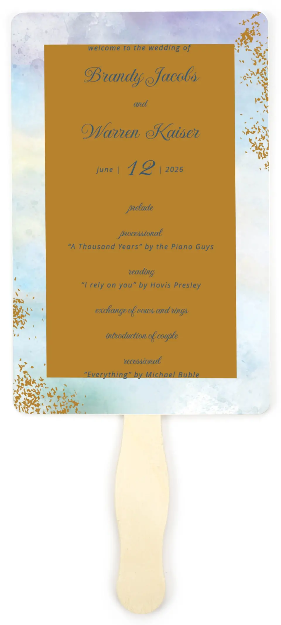 This is a 5" x 7⅞" Wedding Program Fan called Dreamy Sky printed in full color on Premium Smooth paper