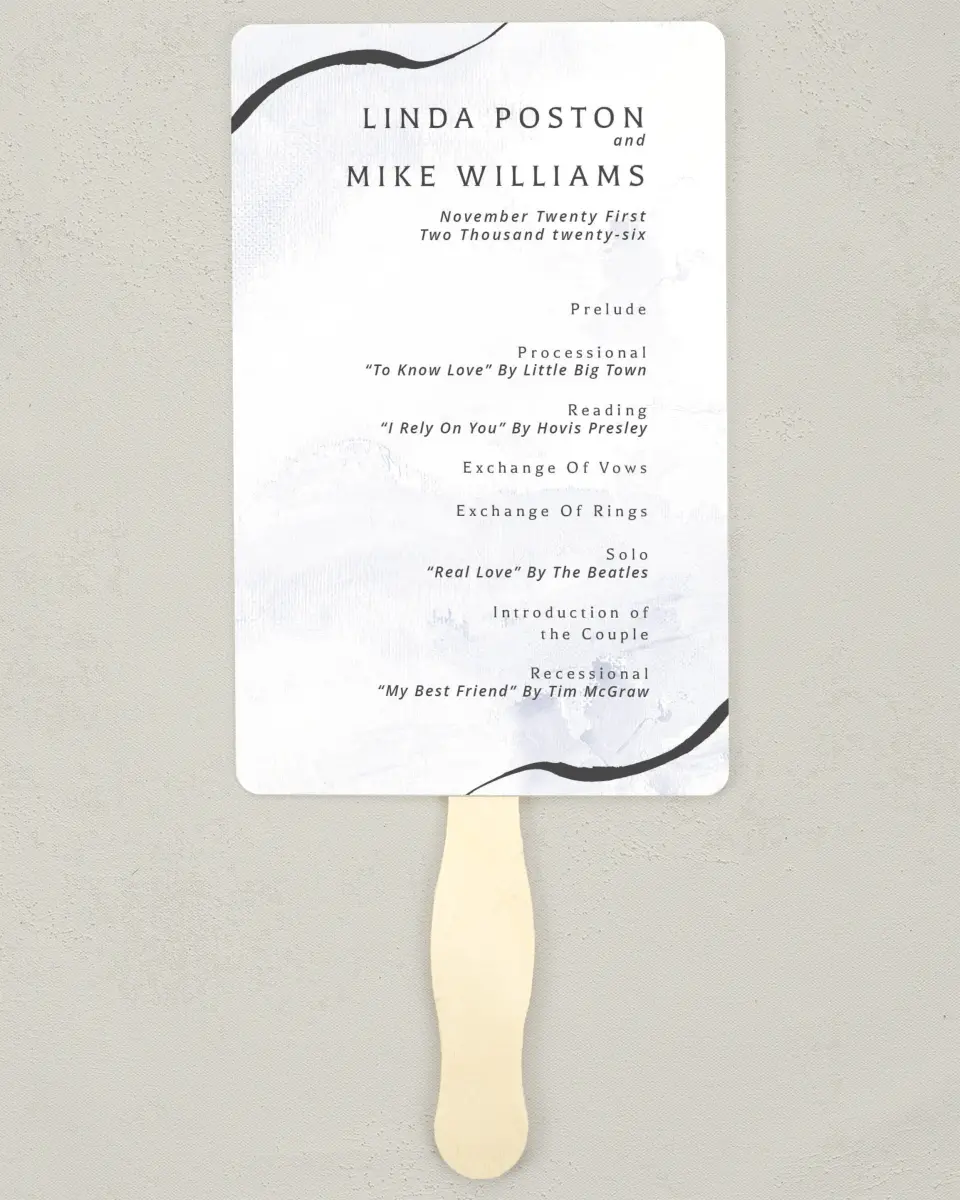 This is a 5" x 7⅞" Wedding Program Fan called Gilded Marble printed in full color with Silver foil on Luxe Satin (coated) paper