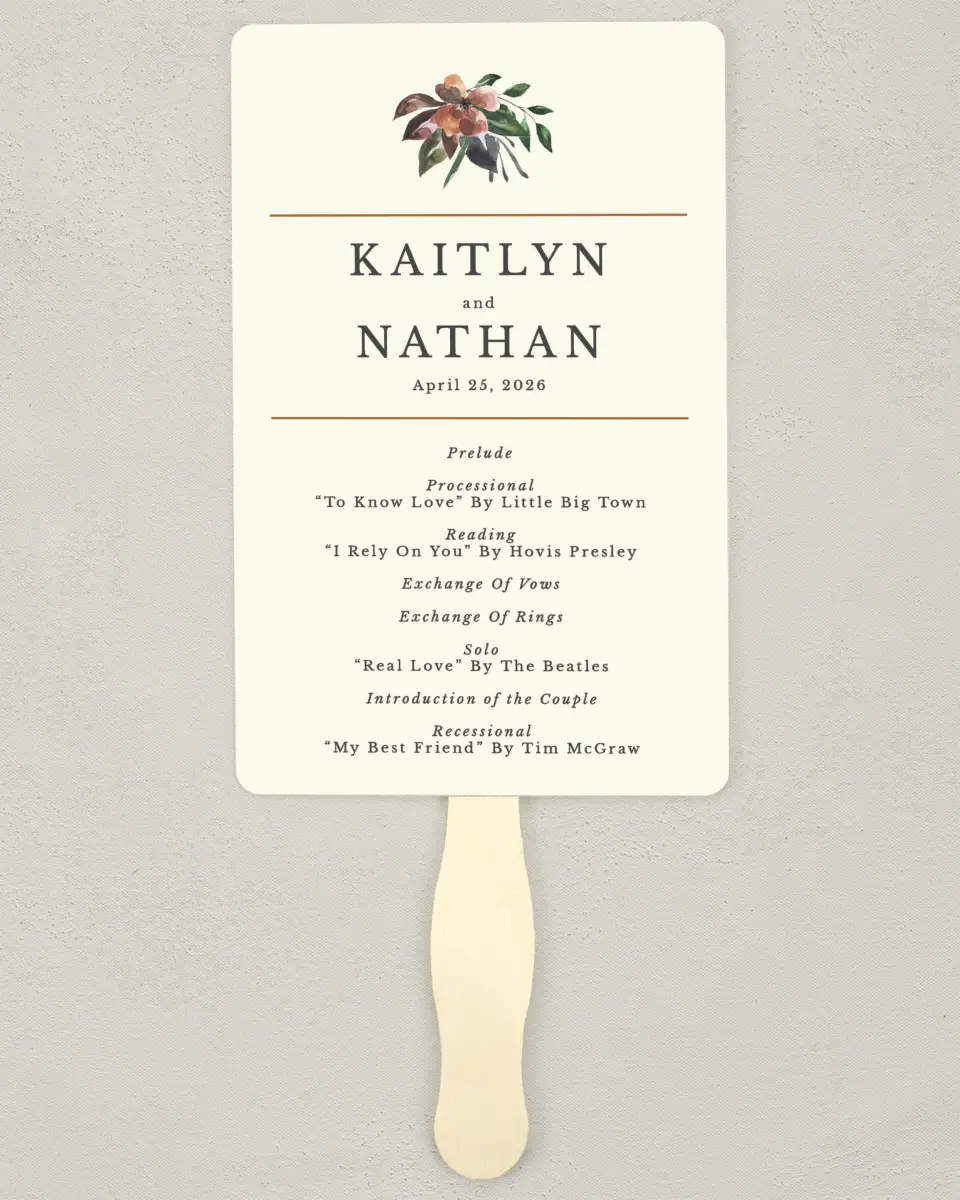 This is a 5" x 7⅞" Wedding Program Fan called Golden Blooms printed in full color on Premium Smooth paper