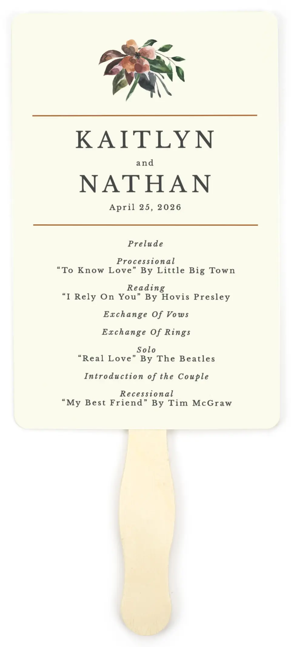 This is a 5" x 7⅞" Wedding Program Fan called Golden Blooms printed in full color on Premium Smooth paper