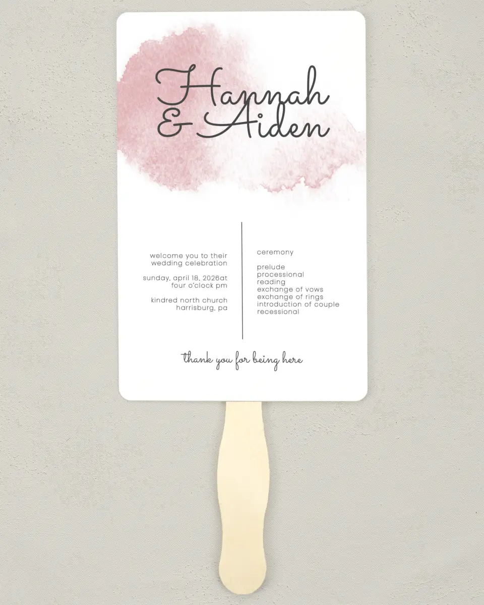 This is a 5" x 7⅞" Wedding Program Fan called Watercolor Rapture printed in full color on Premium Smooth paper