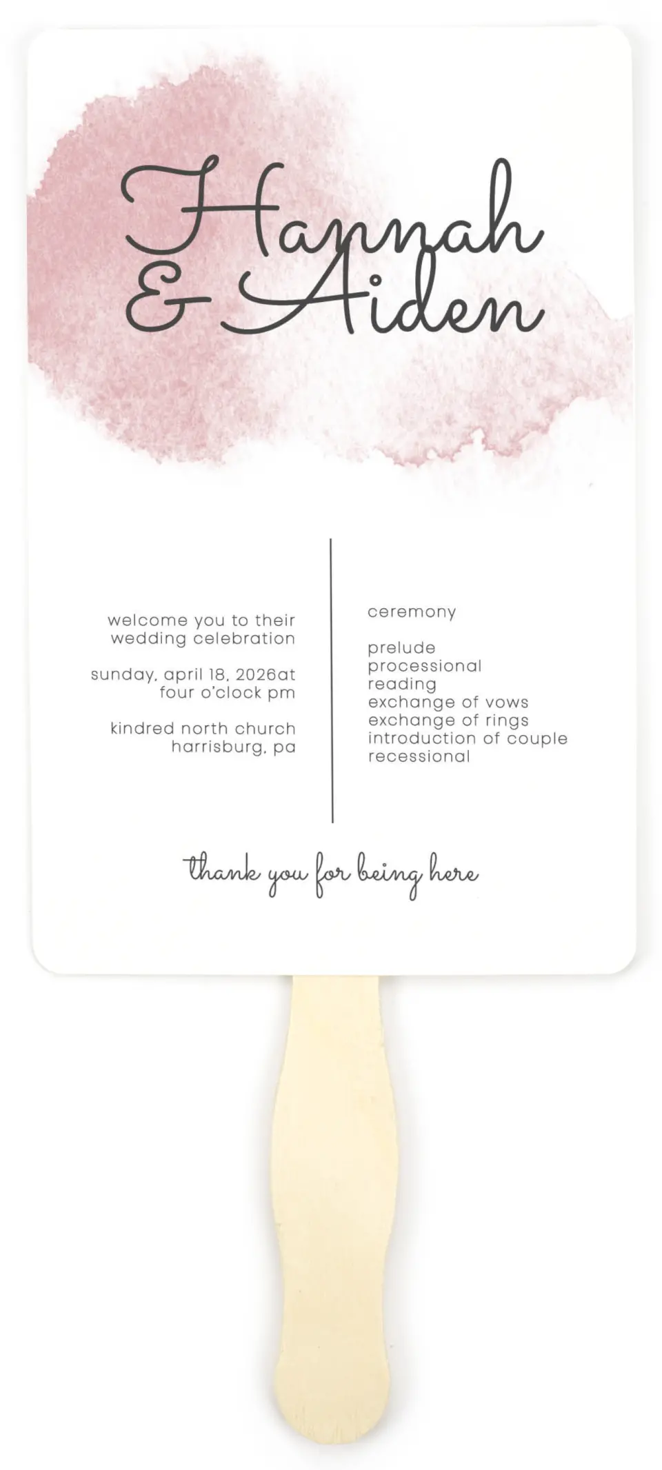 This is a 5" x 7⅞" Wedding Program Fan called Watercolor Rapture printed in full color with Gold foil on Luxe Satin (coated) paper