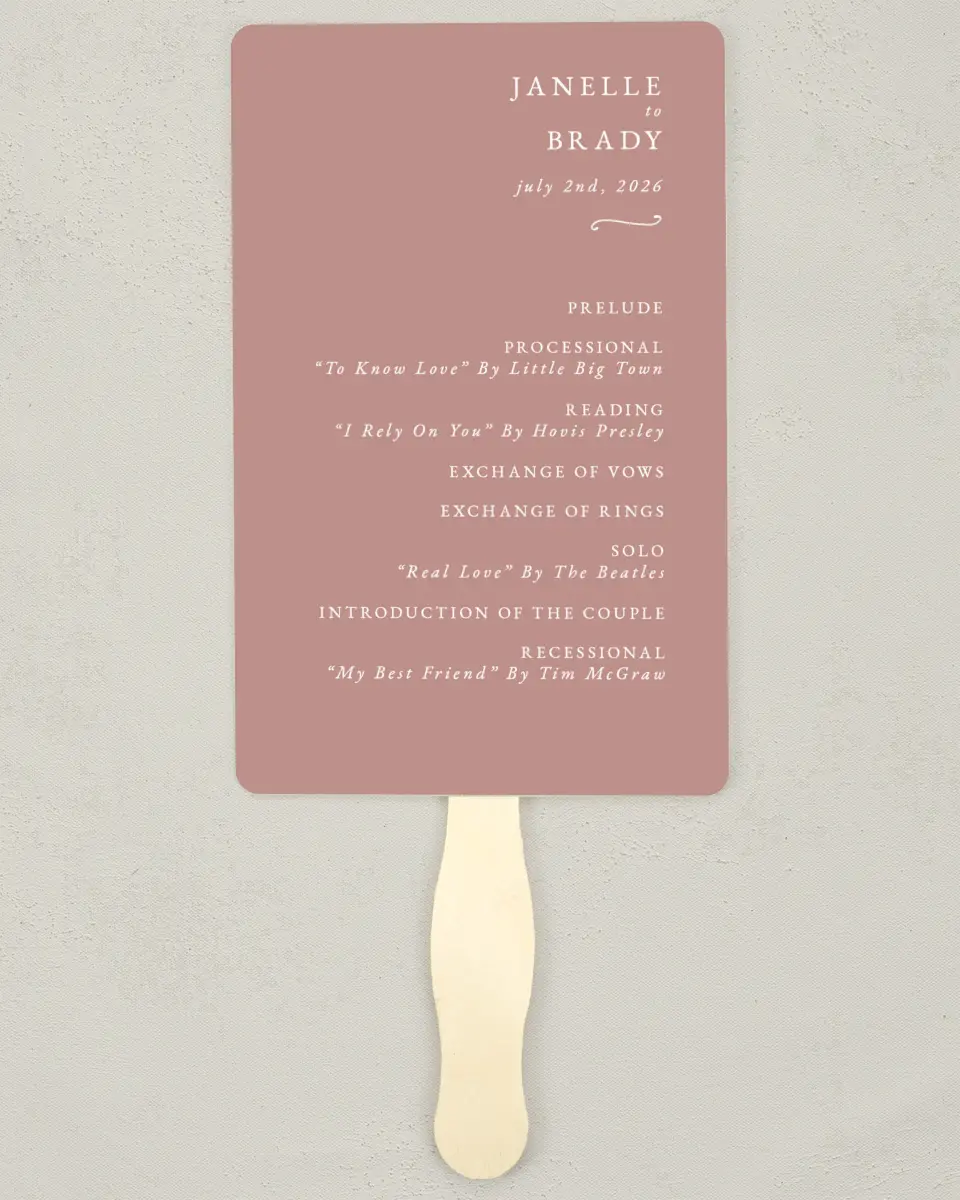 This is a 5" x 7⅞" Wedding Program Fan called Modern Whisper printed in full color with Silver foil on Luxe Satin (coated) paper