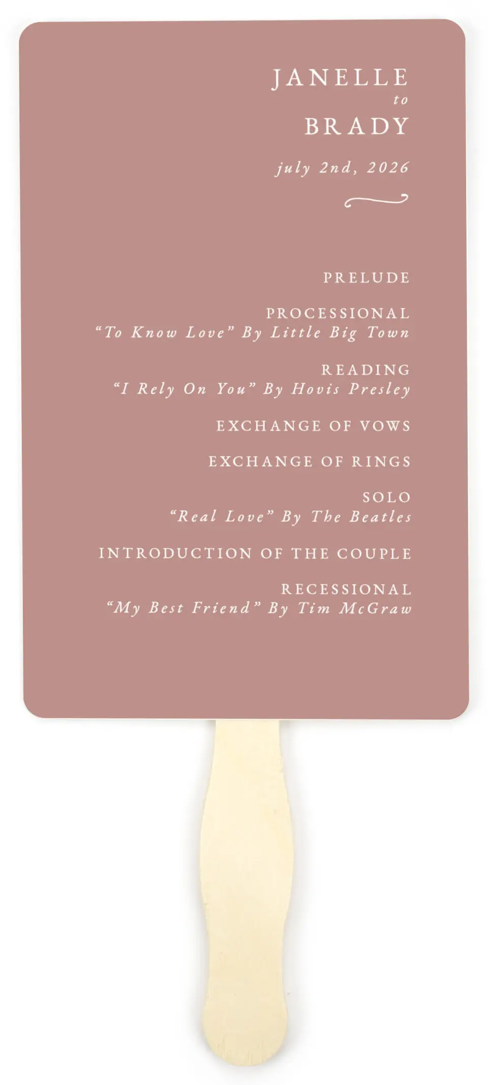 This is a 5" x 7⅞" Wedding Program Fan called Modern Whisper printed in full color on Premium Smooth paper