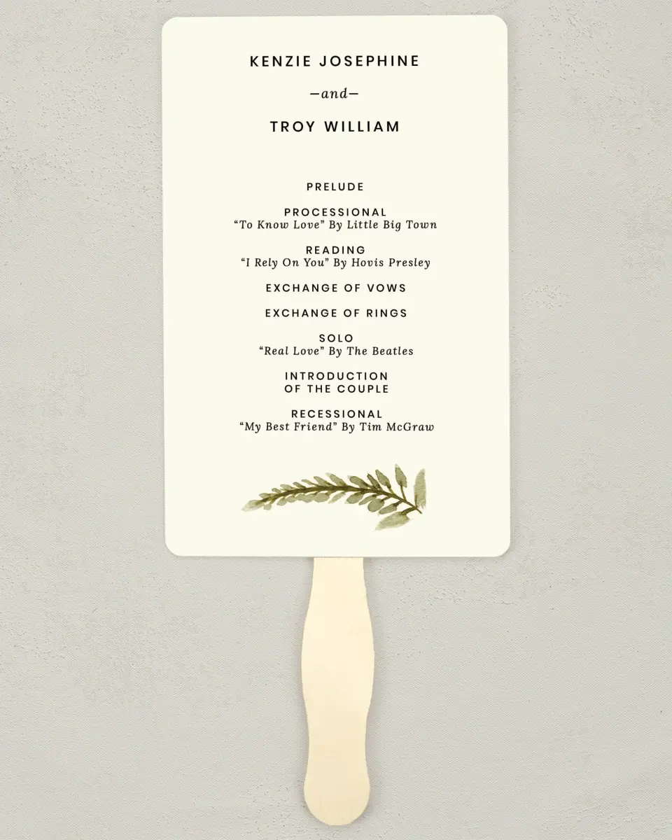 This is a 5" x 7⅞" Wedding Program Fan called Faintly Fall printed in full color on Premium Smooth paper
