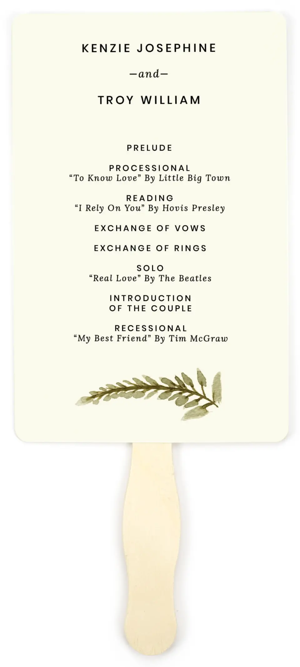 This is a 5" x 7⅞" Wedding Program Fan called Faintly Fall printed in full color with Rose Gold foil on Luxe Satin (coated) paper